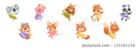 Cute Animal Dancing Ballet Wearing Tutu Skirt Vector Set 115181219