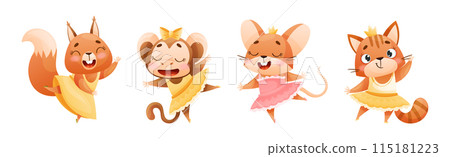 Cute Animal Dancing Ballet Wearing Tutu Skirt Vector Set 115181223
