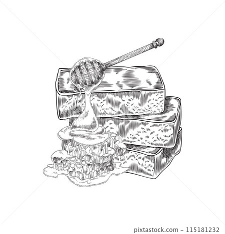 Vector illustration with three bars of natural soap coated with honey extract, handmade sketch 115181232