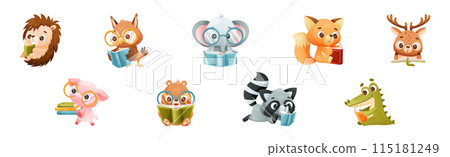 Cute Animals Reading Book Enjoying Interesting Story Vector Set 115181249