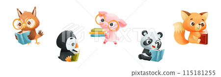 Cute Animals Reading Book Enjoying Interesting Story Vector Set Cute Animals Reading Book Enjoying Interesting Story Vector Set 115181255
