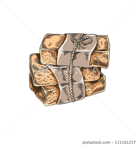 Vector hand-drawn sketch of three bars of handmade soap tied with a thread in a label 115181257