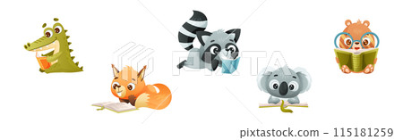 Cute Animals Reading Book Enjoying Interesting Story Vector Set Cute Animals Reading Book Enjoying Interesting Story Vector Set 115181259