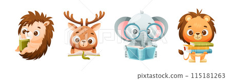 Cute Animals Reading Book Enjoying Interesting Story Vector Set 115181263