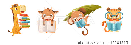 Cute Animals Reading Book Enjoying Interesting Story Vector Set 115181265