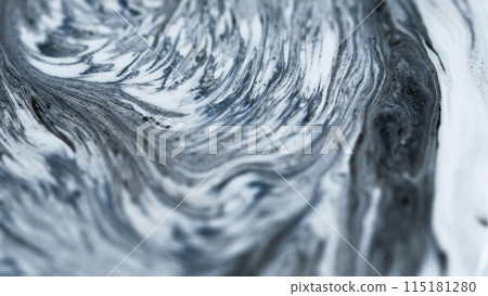 Liquid marble drip. Mixed ink layers. Blur black white gray pigment powder grain particles acrylic paint emulsion fluid spill wave abstract art background. Liquid marble drip. Mixed ink layers. Blur black white gray pigment powder grain particles acrylic paint emulsion fluid spill wave abstract art background. 115181280