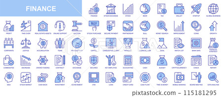 Finance web icons set in duotone outline stroke design. Pack pictograms with stock exchange, bear, tax, wallet, startup, global business, profit, bull, auction, payment, capital. Vector illustration. 115181295
