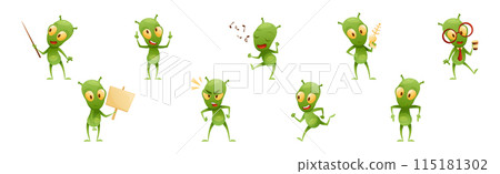 Funny Green Alien Character with Big Eyes and Small Antenna on Head Engaged in Different Action Vector Set 115181302