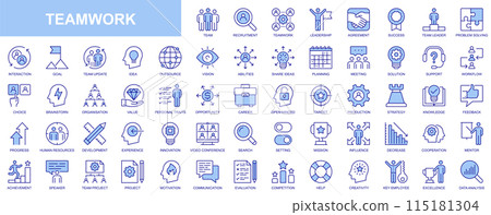 Teamwork web icons set in duotone outline stroke design. Pack pictograms with team, recruitment, leadership, agreement, success, problem solving, progress, goal, vision, planning. Vector illustration. 115181304