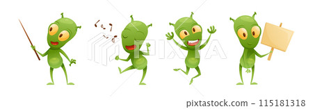 Funny Green Alien Character with Big Eyes and Small Antenna on Head Engaged in Different Action Vector Set Funny Green Alien Character with Big Eyes and Small Antenna on Head Engaged in Different Action Vector Set 115181318