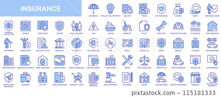 Insurance web icons set in duotone outline stroke design. Pack pictograms with secure for intellectual property, delivery, life, travel, savings, health, financial, pet, family. Vector illustration. 115181333