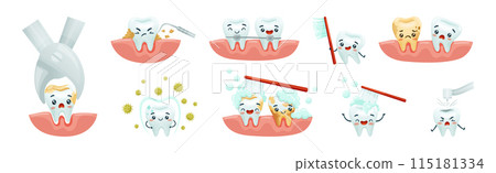 Cute Tooth Character with Smiling Face Vector Set 115181334