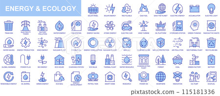 Energy and ecology web icons set in duotone outline stroke design. Pack pictograms with solar panel, recyclable, gas fuel, save planet, accumulator, electric light, nuclear power. Vector illustration. 115181336