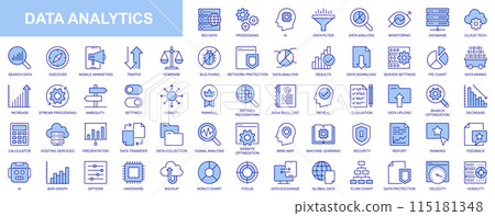 Data analytics web icons set in duotone outline stroke design. Pack pictograms with processing, ai, analysis, monitoring, database, cloud tech, marketing, traffic, result, server. Vector illustration. 115181348