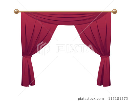Red curtains and draperies on the cornice, vector domestic or theatre drapery textile labrecque interior decoration 115181373
