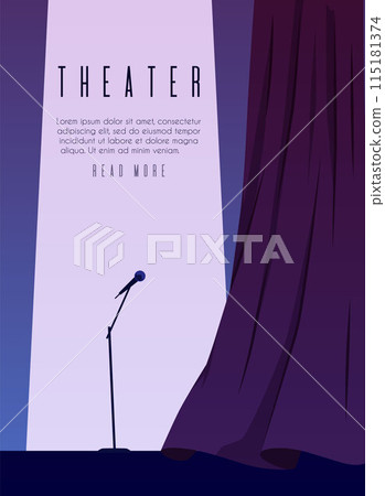 Curtains draperies, stage with microphone vector announcement poster design, theatre scene drapery textile decoration 115181374