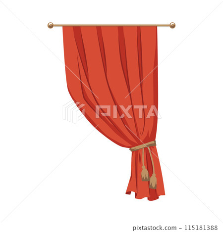 Red draperies curtain on the cornice tied on the side of golden tassel, vector house or theatre interior textile decor 115181388
