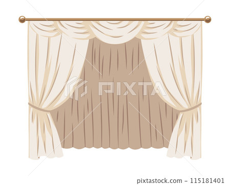 White and beige curtains composition and draperies on cornice, vector house or theatre drapery textile interior decor White and beige curtains composition and draperies on cornice, vector house or theatre drapery textile interior decor 115181401