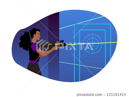 Laser tag player woman with laser gun aiming shooting in the target, vector cartoon gamer in military game equipment 115181413