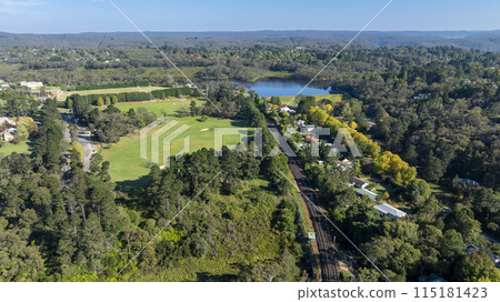 Wentworth Falls Lake and a Sports Field near the mountains train line 115181423