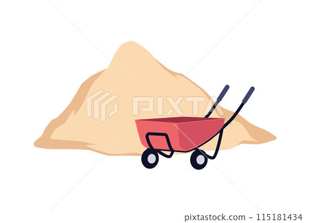 Vector illustration with a pile of sand and a cart on an isolated background. Vector illustration with a pile of sand and a cart on an isolated background. 115181434