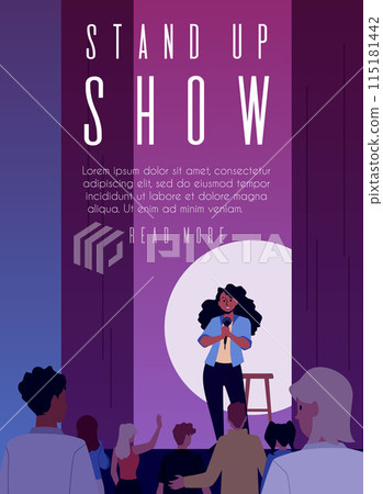 Comedian artist woman with mic perform stand-up comedy show on stage vector announcement poster, live public speaker Comedian artist woman with mic perform stand-up comedy show on stage vector announcement poster, live public speaker 115181442