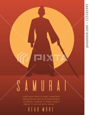 Samurai warrior with sword and sunset red silhouettes vector poster, Japanese fighter with katana weapon oriental shogun Samurai warrior with sword and sunset red silhouettes vector poster, Japanese fighter with katana weapon oriental shogun 115181445