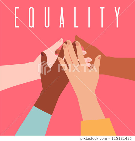 Clasped hands, poster on the theme of equality. Flat style. Clasped hands, poster on the theme of equality. Flat style. 115181455