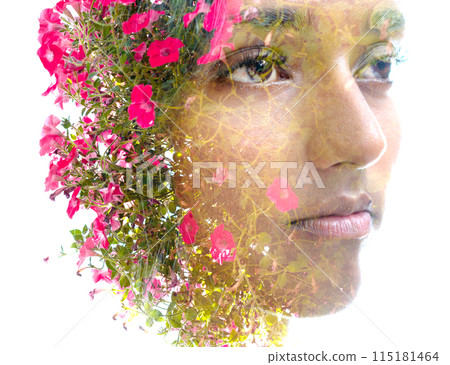 Double exposure portrait of a woman's face and bright pink flowers. Double exposure portrait of a woman's face and bright pink flowers. 115181464