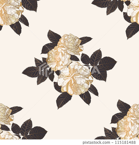 Seamless Luxury Half Drop Pattern with White and Gold Roses and Dark Grey Leaves on White. Great for Textiles, Surfaces, Wallpapers, Wrapping Papers, Fabrics, Prints. 115181488