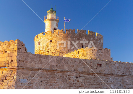 Fort of St Nicholas at sunset in Rhodes, Greece 115181523