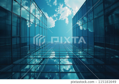 Modern Glass Buildings Reflecting Blue Sky 115181649