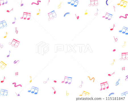 Music notes. Sound symbols in various colors. Horizontal frame with copy space for text. Audio elements, signal, voice recording. Watercolor illustration for musical school, greeting Music notes. Sound symbols in various colors. Horizontal frame with copy space for text. Audio elements, signal, voice recording. Watercolor illustration for musical school, greeting 115181847