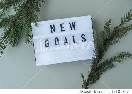 NEW GOALS text on Lightbox on green background with Christmas decor. New year aims resolutions. Planning and setting goals 115181852