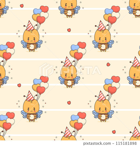 Seamless pattern with bee in birthday cap with balloons on yellow striped background. Vector illustration. Cute cartoon insect kawaii character. Kids collection 115181898