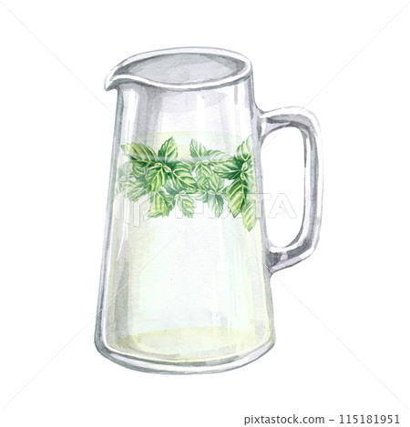 Transparent glass jug of mint lemonade in watercolor illustration on a white background. Handmade pitcher for cookbooks, lemonades, restaurant menu design, tablecloths, cards 115181951