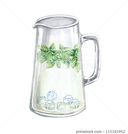 Clear glass pitcher of mint lemonade with ice cubes in watercolor illustration on white background. Hand drawn pitcher for cookbooks, lemonades, restaurant menu design, tablecloths, cards. Clear glass pitcher of mint lemonade with ice cubes in watercolor illustration on white background. Hand drawn pitcher for cookbooks, lemonades, restaurant menu design, tablecloths, cards. 115181952