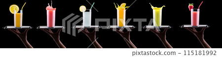 Hand holding tray with different alcohol cocktails isolated on black background Hand holding tray with different alcohol cocktails isolated on black background 115181992