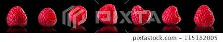 Set of macro photo of raspberry isolated on black background 115182005