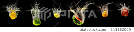 Group of falling fruits and vegetables in water with splash on black background 115182009