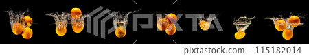 Group of fresh orange fruits falling in water with splash on black background 115182014