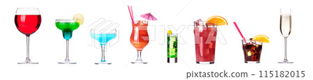 Different alcohol cocktails like beer, martini, soda, champagne, whiskey 115182015