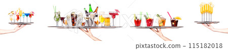 Hand holding tray with different alcohol cocktails isolated on white background 115182018