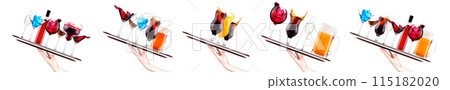 Hand holding tray with different alcohol cocktails isolated on white background Hand holding tray with different alcohol cocktails isolated on white background 115182020
