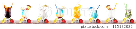 Different alcohol cocktails like beer, martini, soda, champagne, whiskey 115182022