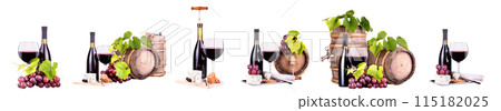 Wine bottles and glasses, an assortment of grapes and cheese isolated on white 115182025