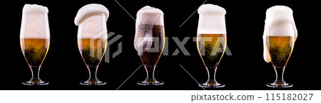 Frosty glass of light beer on black background Frosty glass of light beer on black background 115182027