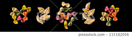 Flying of different type of pasta isolated on black background 115182056