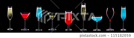 Set of different glasses for drinks and cocktails on black background Set of different glasses for drinks and cocktails on black background 115182059
