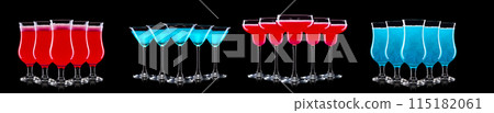 Set of different glasses for drinks and cocktails on black background Set of different glasses for drinks and cocktails on black background 115182061